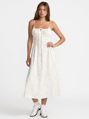 🥀✨ RVCA Women's Cream Printed Spaghetti-Strap Midi Dress. 💛
